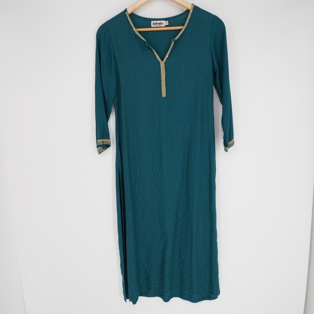 Fabindia Silk Blend Kurta Traditional Tunic/ Dress XS Green Gold Embroidered